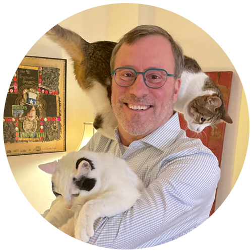stephen quandt with his cats cricket and jenny